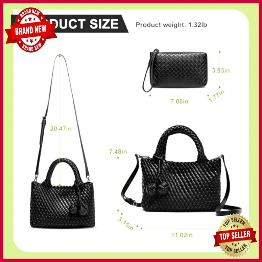 Leather Woven Tote Bag with Clutch, Adjustable Strap, Hobo Style